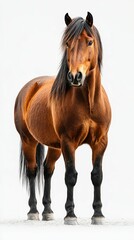 Obraz premium Beautiful brown horse standing gracefully on a white background, showcasing its majestic features and strong physique