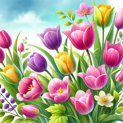 A vibrant display of blooming tulips in shades of pink, purple, yellow, and white. Fresh green leaves provide a lively backdrop, creating a cheerful spring atmosphere.