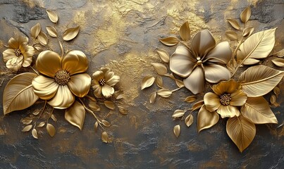 Exquisite 3D Golden and Dark Floral Artwork on Golden Textured Background for Elegant Decoration and Design Inspiration