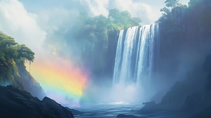 Fototapeta premium Chasing Rainbows: A Majestic Waterfall Cascades into a Misty Pool, Adorned by a Vibrant Rainbow Against a Lush Green Backdrop