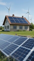 In a serene rural setting, a charming house adorned with solar panels basks under the sun. Nearby, wind turbines gracefully spin, contributing to clean energy solutions