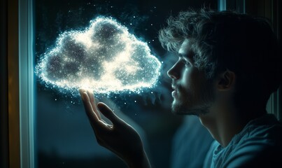Businessman Engaging in Cloud Computing and Data Exchange with Futuristic Technology Interface at Night