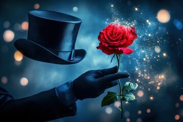 Magician in elegant top hat performing enchanting trick with a glowing rose during evening show. Generative AI