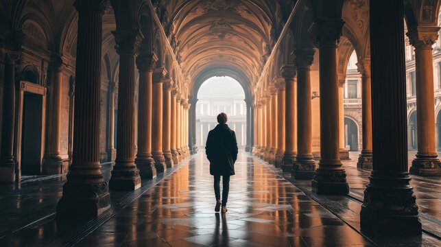 Solitary traveler walking through grand historical corridor with columns