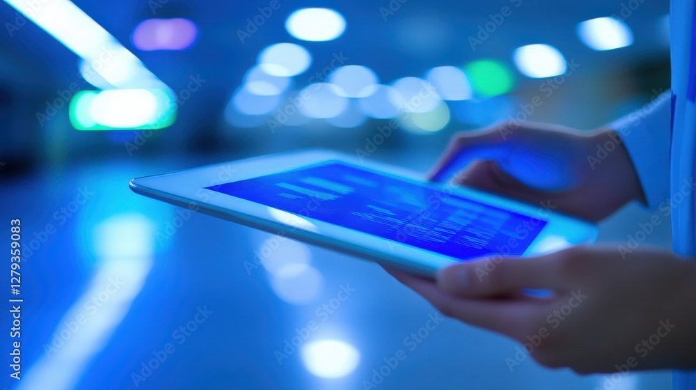 Poster person using tablet displaying blue data graphs in a modern, dimly lit setting. perfect for technolo