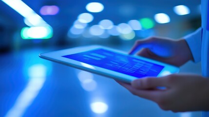 Person using tablet displaying blue data graphs in a modern, dimly lit setting.  Perfect for technology, business, or data analysis concepts.