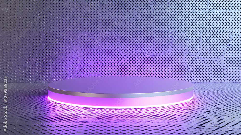 Aufkleber modern showcase platform with purple glow studio setting 3d render minimalist environment eye-level 