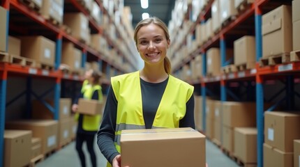 Fototapeta premium Amidst rows of neatly stacked boxes, a confident warehouse worker showcases her bright smile while carrying a package. The well-lit space is buzzing with activity, reflecting a productive atmosphere