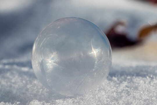 Macro Photo of a Frozen Soap Bubble forming Geometric Ice Crystals as it sits on snow. 