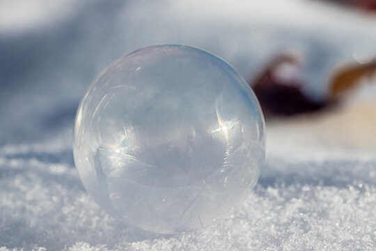 Macro Photo of a Frozen Soap Bubble forming Geometric Ice Crystals as it sits on snow. 