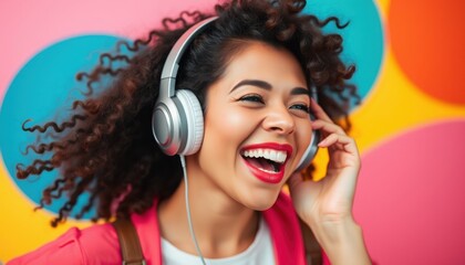 Fototapeta premium With a beaming smile, a young woman listens to captivating tunes through her headphones. The colorful circles in the background enhance her cheerful atmosphere, creating a playful vibe