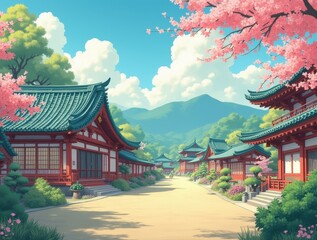 Japanese village with traditional houses and cherry blossoms in bloom