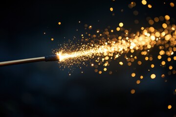 Wand creates a stunning trail of golden sparkles in a magical performance setting. Generative AI