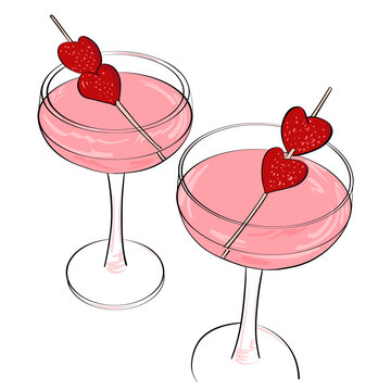 Two Pink Cocktails with Strawberry Hearts