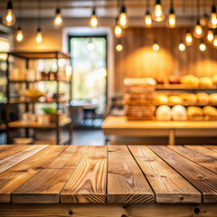 wooden table and chairs in a restaurant Empty wooden table with blurred restaurant background 