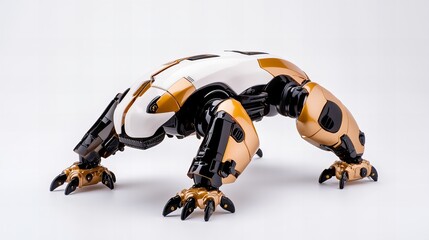 Fototapeta premium Futuristic metallic quadruped robot in gold and white. Sleek design, clean lines, and a powerful stance.