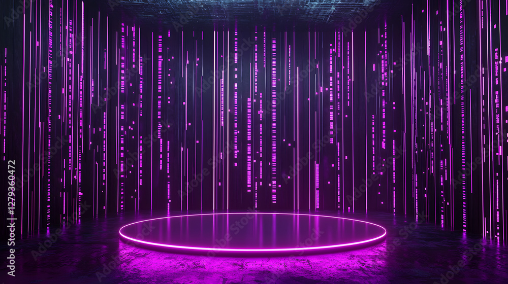 Poster dynamic neon data streams virtual studio digital art futuristic environment wide angle tech concept
