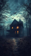 Creepy Abandoned Haunted House with Flying Bats at Dusk in a Dark Forest, Spooky Atmosphere for Halloween, Frightening Scene, Eerie and Mysterious Vibes, Perfect for Horror Themes and Fantasy
