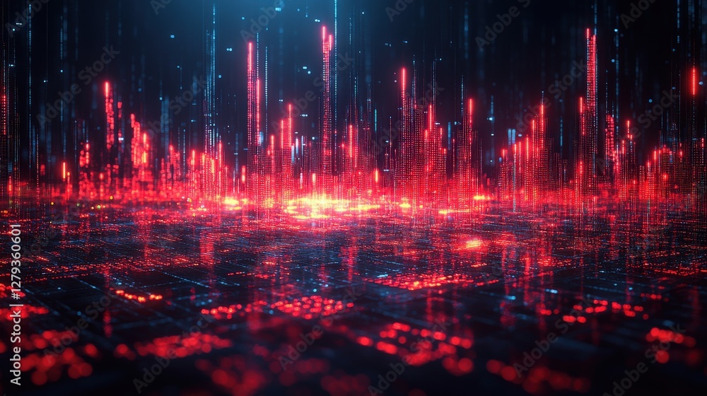 Poster abstract digital landscape with glowing red and blue vertical lines creating a futuristic atmosphere