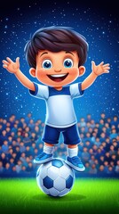 Naklejka premium Cheerful boy soccer player on ball, stadium background, celebrating victory