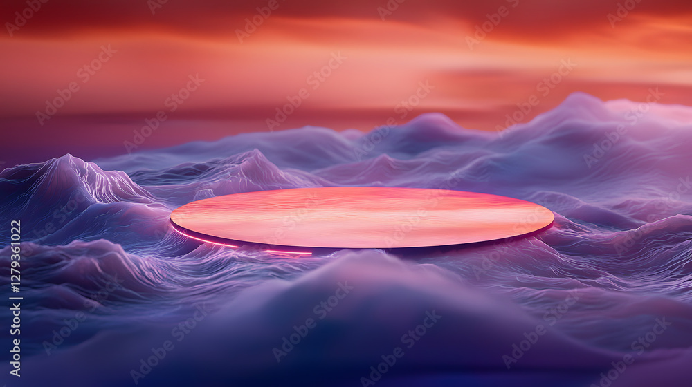 Poster surreal floating disc above colorful clouds dreamscape digital art ethereal setting wide-angle view 