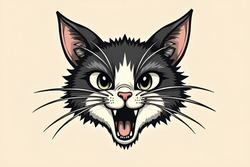 An American traditional tattoo design of a mischievous cat head, with bold lines, classic tattoo-style whiskers, and a playful grin. The cat&rsquo;s eyes are expressive, giving it a lively personality. 