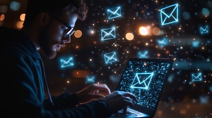 Person Using Laptop for E-mail Marketing on Futuristic Digital Interface with Glowing Animated Mail Icons at Night