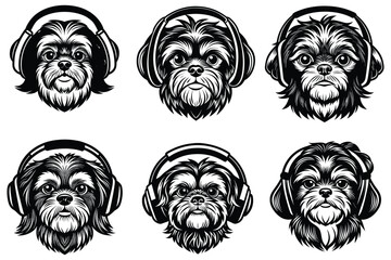 shih tzu dog head wearing a headphone silhouette vector art