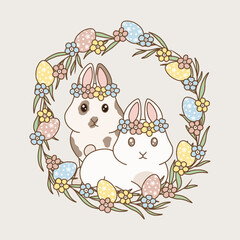 Easter bunnies with flowers and colorful easter eggs, vector line art.