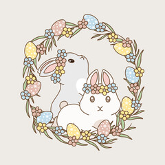 Easter bunnies with flowers and colorful easter eggs, vector line art.