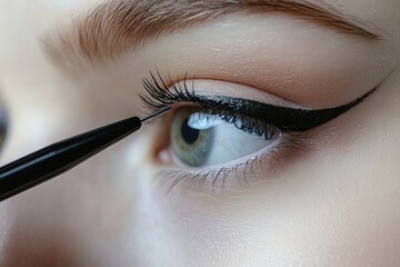 Naklejka premium Eyelid surgery, blepharoplasty. Beautician drawing lines with pen on young woman face, white studio background