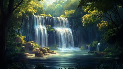 Obraz premium Lush jungle waterfall cascading into serene pool.