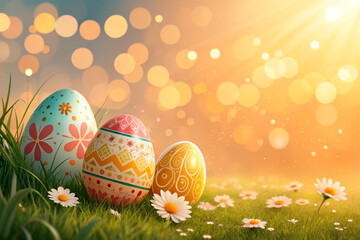 Three vibrantly decorated Easter eggs rest in lush green grass among delicate white daisies. Warm golden sunlight and dreamy bokeh create a festive and joyful atmosphere, celebrating the beauty 