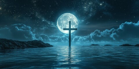 Dramatic evening scene with a glowing cross illuminated by a large moon over a calm ocean