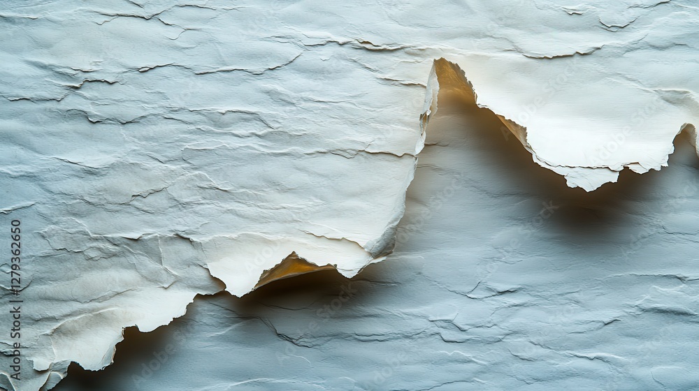 Poster close-up of textured, peeling paper revealing layers and subtle color variations in background