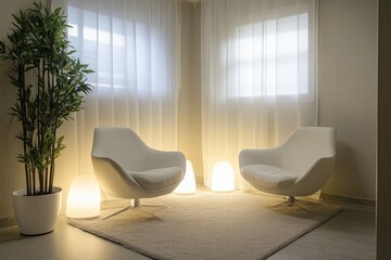 Minimalist design in a calming psychologist office with soft lighting and comfortable chairs for therapy sessions. Generative AI