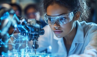Focused Engineer Intently Working on Advanced Robotic Arm Assembly in High Tech Development Laboratory with Team in Background