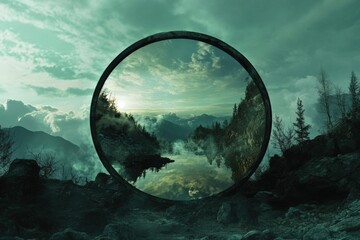 Mystical mirror reveals a serene landscape with clouds and mountains at dusk. Generative AI