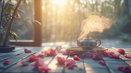 Tranquil Ceremony with Steam and Rose Petals at Sunset