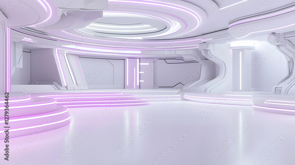Poster futuristic stage design modern event space 3d render sleek environment wide angle view conceptual ae