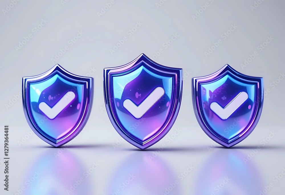 Poster 3d glass holographic shield frame with tick sign front, side and angle view. isolated protect, guard