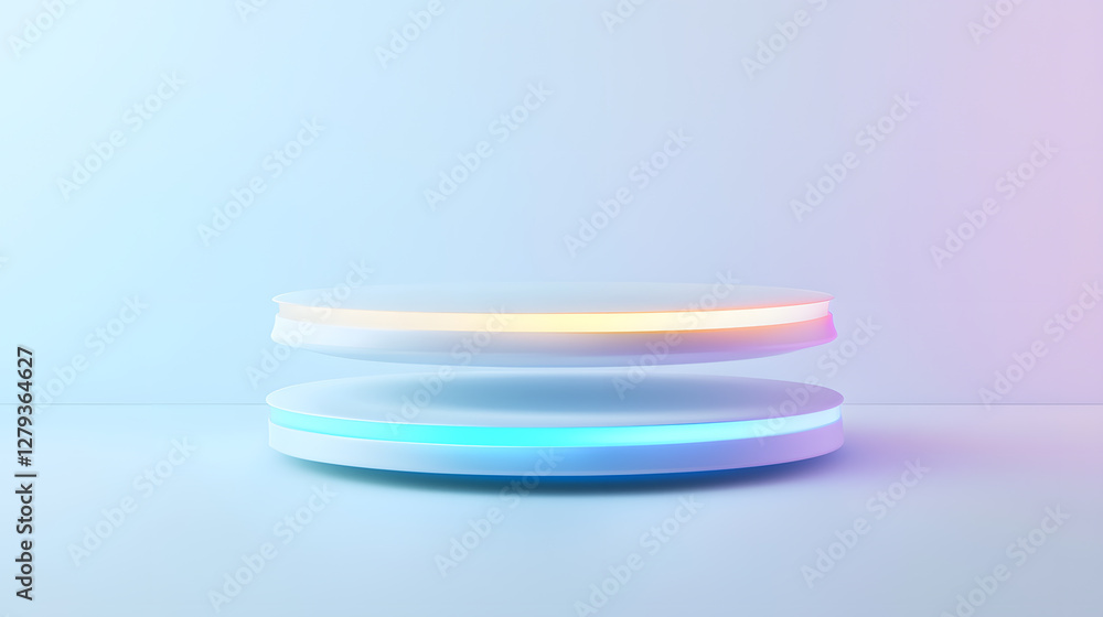 Poster dynamic floating discs futuristic setting digital animation minimalist environment aesthetic viewpoi