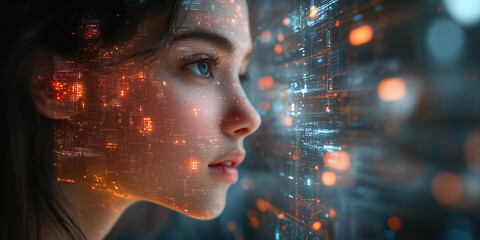 Young woman observing futuristic flowing data stream in digital environment