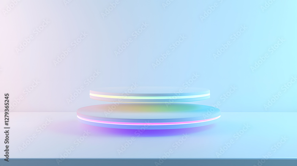 Poster floating circular platforms with colorful glow modern studio digital art futuristic environment wide