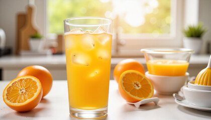Refreshing orange juice in a glass with fresh oranges