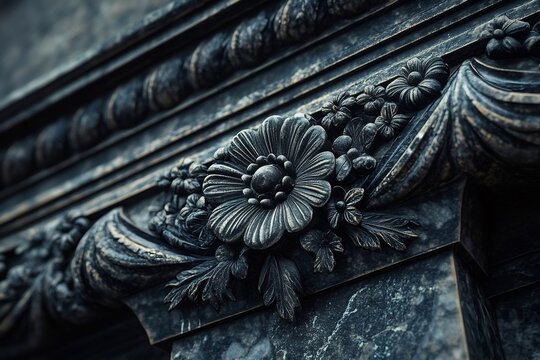 Close up of intricate floral carvings adorning a marble column