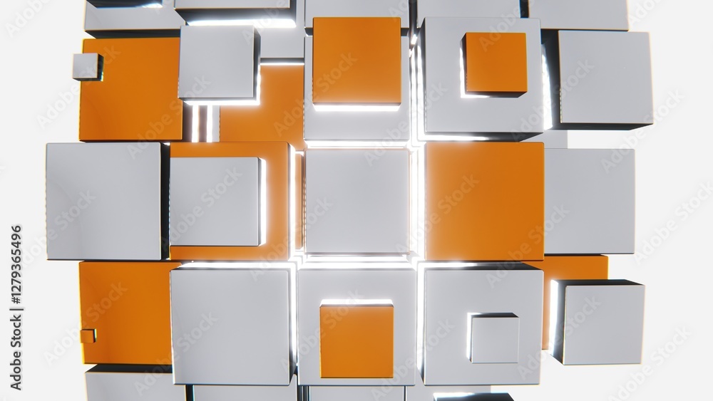 Poster abstract 3d horizontal cubes blocks mosaic tile modern shape light white orange reflective chrome ne
