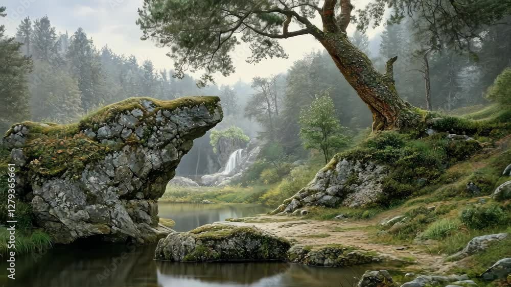 Poster exploring a serene river landscape with cascading waterfalls and lush greenery in a tranquil forest 