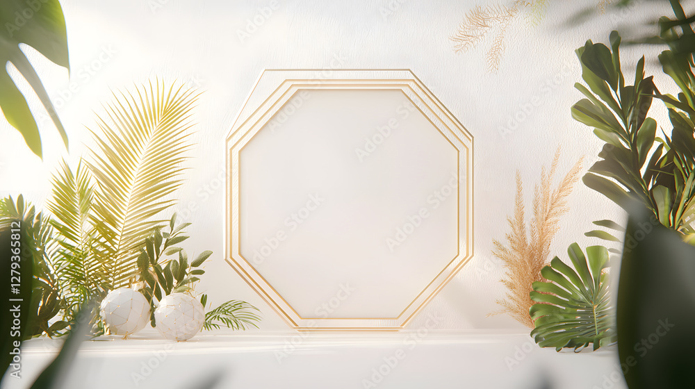 Aufkleber elegant octagonal frame surrounded by lush greenery in a minimalist space for creative display