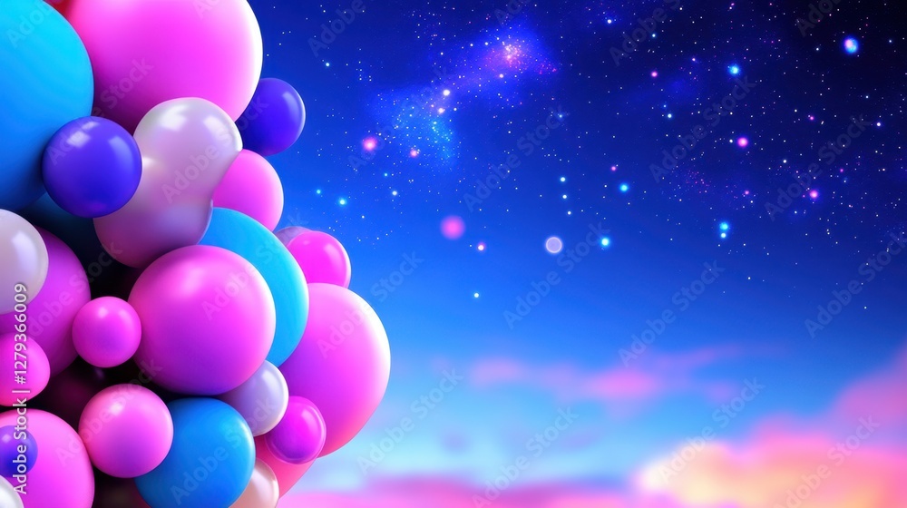 Poster a colorful image of many different colored balloons with a blue sky background. the balloons are sca